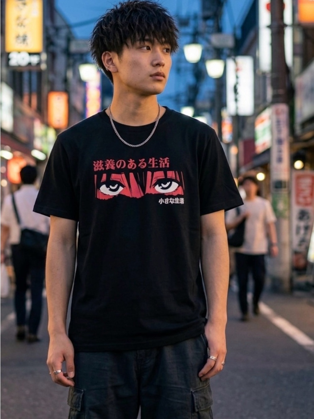 ROMWE Black Short-Sleeve Tee with Red Anime Eye Graphic